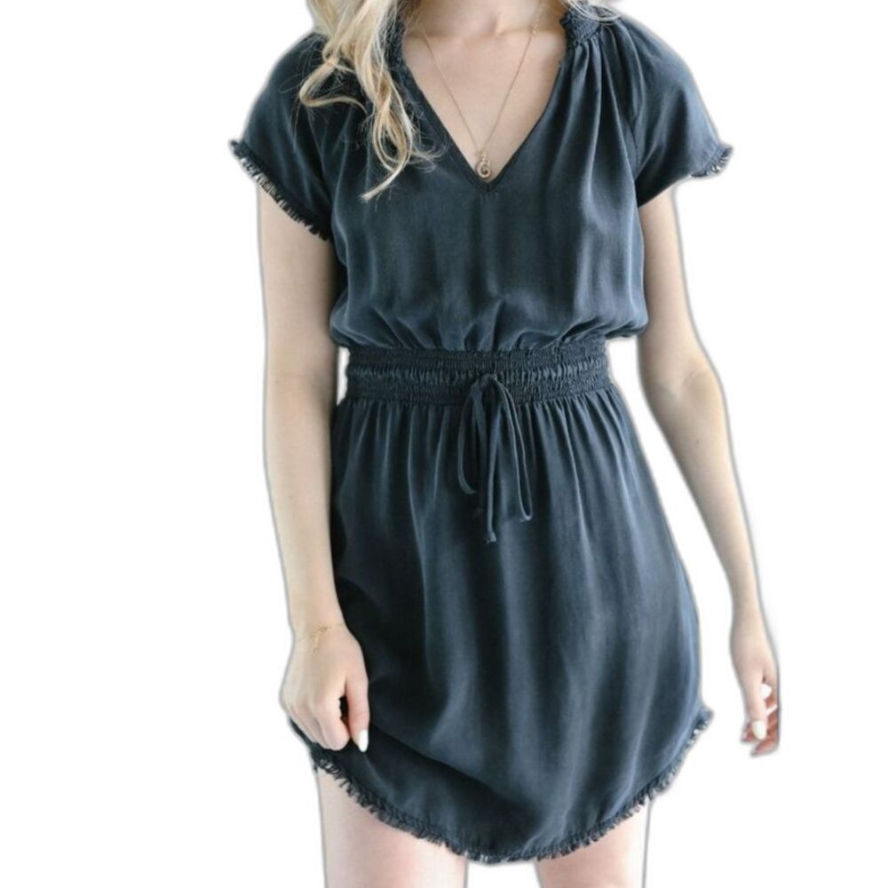 Bella Dahl Frayed Smocked-Waist Dress Lightweight Tencel Boho Fringe Medium